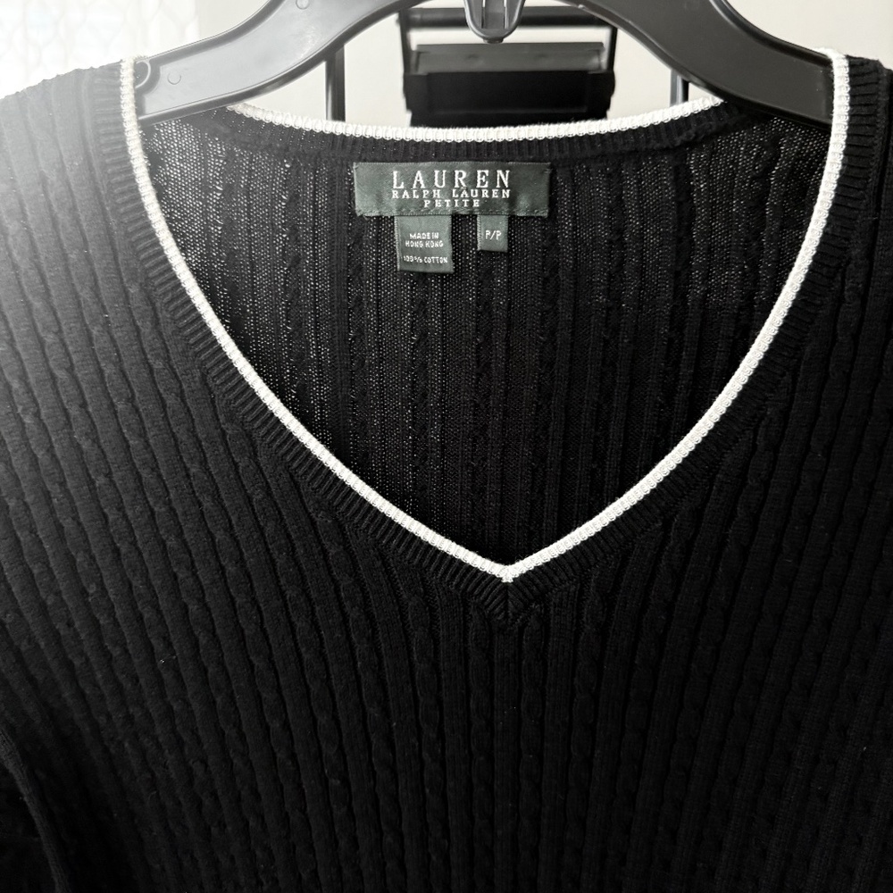 Ralph Lauren Women's Sweater Black Cotton Cable Knit V Neck SZ PP
